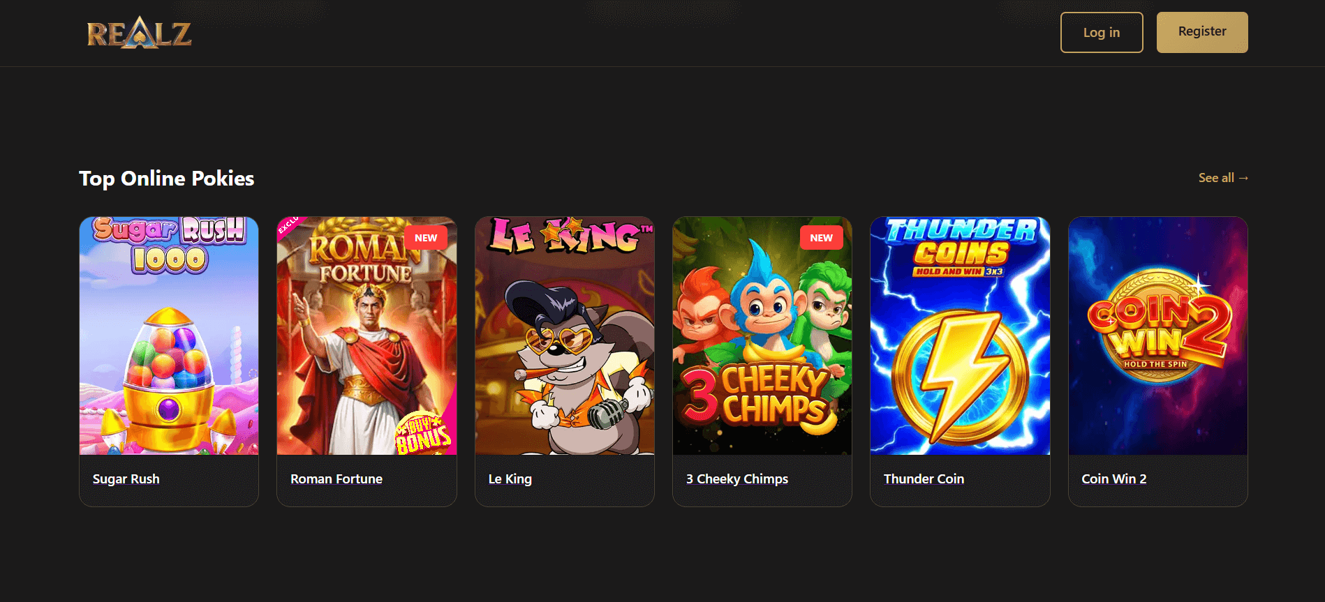 Realz casino page showing a selection of top online pokies